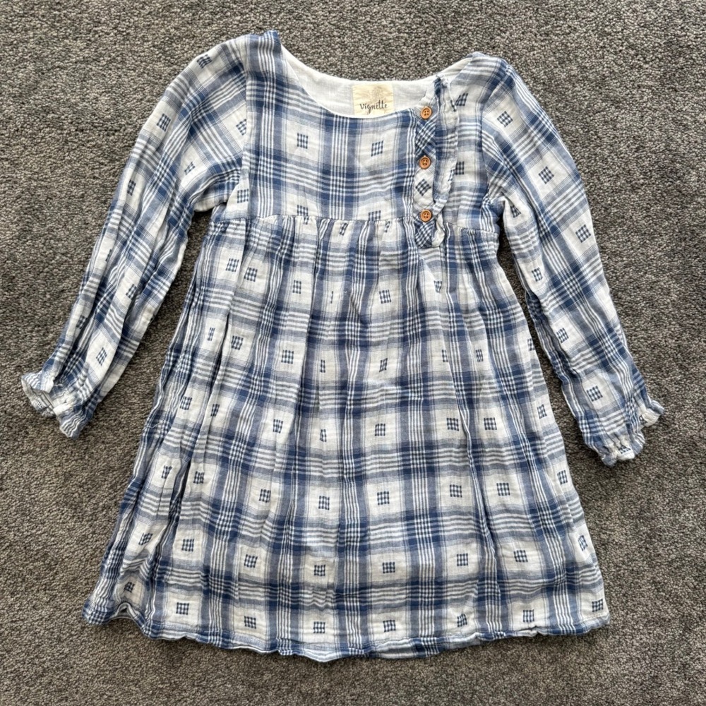Vignette Girls Blue White Plaid Cotton Gauze Long Sleeve Dress Size 8Y Boho
